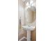 Small bathroom with a pedestal sink, large oval mirror, and modern lighting at 7342 S Mobile St, Aurora, CO 80016