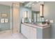 Bathroom featuring a glass-enclosed shower, white vanity with marble counters, and decorative lighting at 32 Silver Fox Cir, Greenwood Village, CO 80121