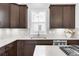 Modern kitchen featuring dark wood cabinets, stainless steel appliances, and light countertops and backsplash at 6485 E Cedar Ave, Denver, CO 80224
