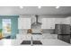 Modern kitchen featuring white cabinets, stainless steel appliances, and a view of the backyard at 650 Bishop Pine Way, Castle Rock, CO 80104