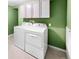 Laundry room features white washer and dryer with white cabinets and green walls at 1209 S Flower Cir # C, Lakewood, CO 80232