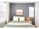 Cozy bedroom with a gray accent wall, white linens, and a soft glow from a bedside lamp at 2773 Roslyn St, Denver, CO 80238