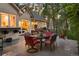 Charming backyard patio with outdoor seating and dining area amid a tranquil, wooded setting at 315 Prospect Dr, Castle Rock, CO 80108