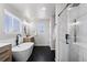 Modern bathroom with a freestanding tub, glass shower, and hexagon tile floor at 1301 Sidewinder Cir, Castle Rock, CO 80108