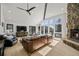 The well-lit living room boasts a stone fireplace, hardwood floors, and expansive windows that provide picturesque mountain views at 4398 Cameyo Rd, Indian Hills, CO 80454