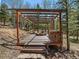 Outdoor fire pit area with wood storage and a pergola-style cover surrounded by trees at 10852 Conifer Mountain Rd, Conifer, CO 80433