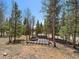 Outdoor fire pit area with wood storage and a wood-frame cover surrounded by trees at 10852 Conifer Mountain Rd, Conifer, CO 80433