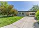 Well-maintained home features a long driveway, covered parking, and a lush front yard at 1570 S Chase St, Lakewood, CO 80232