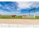 Open pasture with horses grazing peacefully under a bright blue sky, fenced for safety at 46303 E 106Th Ave, Bennett, CO 80102