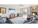 Comfortable living room features a large TV, a stone fireplace, and access to a deck with scenic views at 13084 Deer Ridge Way, Larkspur, CO 80118