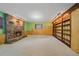 Basement with a cozy stone fireplace, carpeted floor, and built-in shelving at 28630 Pine Dr, Evergreen, CO 80439