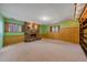 Basement featuring a stone fireplace, wood paneling, and built-in shelves at 28630 Pine Dr, Evergreen, CO 80439