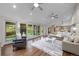 Bright and open living room with sliding glass doors, hardwood floors, and a backyard view at 4951 Sanford W Cir, Cherry Hills Village, CO 80113