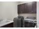 Practical laundry room features washer, dryer, and built-in cabinets for storage at 15314 W Baker Ave, Lakewood, CO 80228