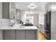 Bright kitchen has white countertops, gray cabinets, and stainless steel appliances at 3194 S Milwaukee St, Denver, CO 80210