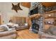 Cozy living room featuring a stone fireplace, wood floors, and comfortable seating, creating a warm atmosphere at 3842 Estates Cir, Larkspur, CO 80118