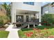 Charming backyard with a covered deck, lush green lawn, flower garden, and walkway at 474 S Vine St, Denver, CO 80209