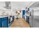 Spacious kitchen with stainless steel appliances, and stylish blue cabinetry at 9565 W Lake Pl, Littleton, CO 80123