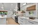 Beautiful kitchen featuring ample counter space, modern appliances, and wooden floating shelves at 2990 S Sherman St, Englewood, CO 80113