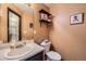 Small bathroom featuring a sink, toilet, mirror, and unique decorative shelves for style at 4666 Cornish Way, Denver, CO 80239