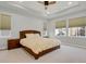 Main bedroom with a tray ceiling, fan, and large windows for natural light at 1820 Ghost Dance Cir, Castle Rock, CO 80108