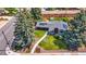 An aerial view of a single-Gathering home with solar panels, a manicured lawn, and a charming walkway leading to the front door at 1830 Zang St, Golden, CO 80401