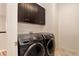 Modern laundry room features updated black appliances and overhead storage at 10783 Skydance Dr, Highlands Ranch, CO 80126