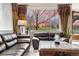 Relax in this inviting living room with views of the manicured lawn, featuring comfortable seating and elegant decor at 10061 Bluffmont Ct, Lone Tree, CO 80124
