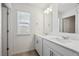 Well-lit bathroom with double vanity, framed mirrors, and a window with light-filtering blinds at 4113 Marble Dr, Mead, CO 80504