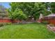 A sprawling backyard featuring a lush lawn, mature trees, and a privacy fence at 8563 Redstone St, Highlands Ranch, CO 80126
