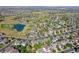Expansive aerial view of a residential community with a pond, golf course, and varied home styles at 11973 Song Bird Hills St, Parker, CO 80138