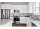 Modern kitchen featuring stainless steel appliances, granite countertops and white cabinets at 10384 E 60Th Pl, Denver, CO 80238