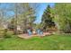 Backyard fire pit with blue Adirondack chairs, creating a cozy outdoor entertainment space at 10773 Cougar Rdg, Lone Tree, CO 80124