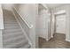 Welcoming entryway with carpeted stairs and vinyl flooring leading to the front door at 17817 Dandy Brush Dr, Parker, CO 80134
