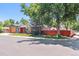 View of a modern single-story home with a red front door and fence surrounded by mature trees at 5480 W Iowa Ave, Lakewood, CO 80232
