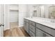 Modern bathroom featuring a double sink vanity, wood-look flooring and a walk-in closet at 742 N Tempe St, Aurora, CO 80018
