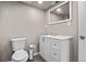 Bathroom showcases a white vanity with silver fixtures, a framed mirror, and a toilet at 2080 Shadow Creek Dr, Castle Rock, CO 80104