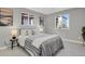 Spacious bedroom with two windows, gray walls, and striped bedding at 4750 E Louisiana Ave, Denver, CO 80246