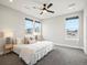 Bright bedroom featuring plush carpet, large windows, ceiling fan, and neutral decor at 730 Edenborn Pl, Castle Rock, CO 80104