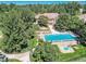 Stunning aerial view of a home showcasing a large pool, jacuzzi, and ample seating amidst lush landscaping at 1 Silver Fox Dr, Greenwood Village, CO 80121