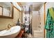 Quirky bathroom featuring a vessel sink, a shower/tub, and a unique koala bear shower curtain at 27407 Upper Cold Spg Gulch Rd, Golden, CO 80401