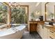 Bright bathroom with a soaking tub, wood cabinets, and beautiful views of the forest at 5976 Stone Creek Dr, Evergreen, CO 80439