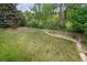 Spacious backyard featuring green grass, a chainlink fence, trees, and a gardening area at 2041 W Briarwood Ave, Littleton, CO 80120