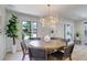 Dining area showcasing a stylish chandelier, round wood table, and natural light from a nearby window at 2635 S Lamar Way, Lakewood, CO 80227