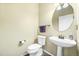 Cozy half bathroom featuring modern fixtures and a pedestal sink at 17395 E Dewberry Dr, Parker, CO 80134