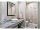 This bathroom features gray cabinets, granite countertops, a decorative sink, and ample lighting at 8299 S Kellerman, Aurora, CO 80016