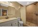 Bathroom featuring a vanity sink, toilet, and a tiled shower with a stone floor at 1743 Homestead Dr, Fort Lupton, CO 80621