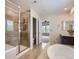 Well-lit bathroom showcasing a walk-in shower, soaking tub, and vanity with granite countertop at 10045 Copenhagen St, Parker, CO 80134