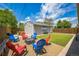 Inviting backyard with artificial grass, a fire pit, and colorful chairs at 3241 Sheridan Blvd, Wheat Ridge, CO 80212