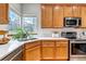 Bright kitchen showcasing stainless appliances, ample counter space, and views through the large window at 25245 E Park Crescent Dr, Aurora, CO 80016